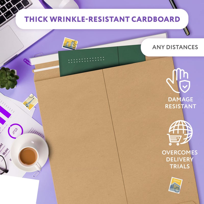 APQ Supply Natural Brown Rigid Mailers, 13 x 18 Inch. Pack of 5 Cardboard Envelopes for Photos, Documents. Sturdy Stay Flat Mailers with Self-Seal Closure. Hard Rigid Shipping Envelopes - Image 3